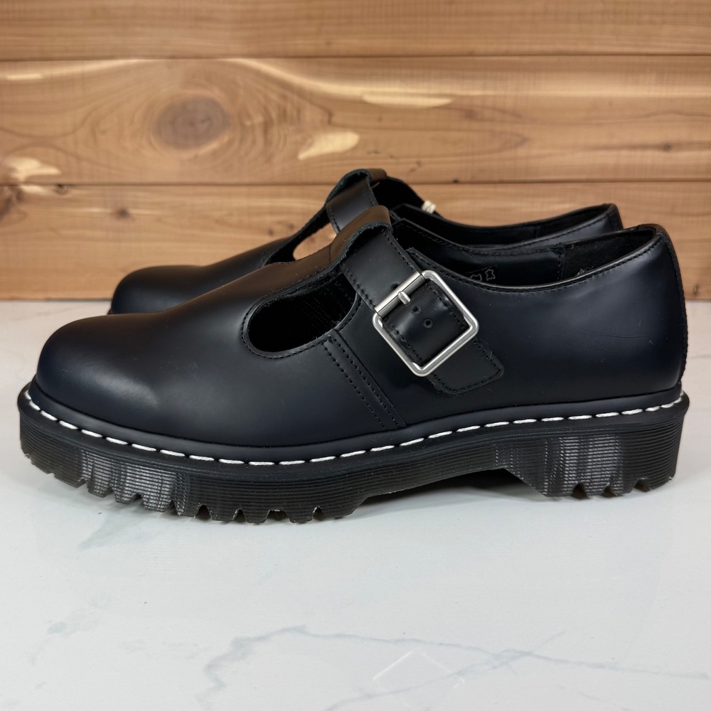 Dr. Martens Polley Bex Black Leather Mary Jane White Stitch Shoes US 11L 10M - Picture 3 of 16